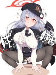 Rule 34 | 1boy, 1girl, bar censor, black headwear, black jacket, black necktie, black skirt, blue archive, blush, bouncing breasts, breasts, censored, collared shirt, commentary request, cowgirl position, girl on top, grey hair, halo, haruna (blue archive), hat, heart, hetero, high-waist skirt, highres, jacket, jacket on shoulders, large breasts, long hair, long sleeves, looking at viewer, motion lines, necktie, pantyhose, peaked cap, pov, pubic hair, red eyes, red halo, rqm55, sex, shirt, simple background, skirt, smile, solo focus, straddling, tongue, tongue out, torn clothes, torn pantyhose, vaginal, white background, white shirt