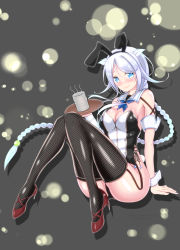 Rule 34 | 1girl, adapted costume, animal ears, black thighhighs, blue eyes, bow, bowtie, braid, breasts, cleavage, commentary request, detached collar, fake animal ears, fishnet thighhighs, fishnets, grey background, hair flaps, hair tie, high heels, highres, kantai collection, leotard, long hair, looking at viewer, medium breasts, mole, mole under eye, parted bangs, playboy bunny, rabbit ears, red footwear, saburou hiji, silver hair, solo, thighhighs, two-tone leotard, umikaze (kancolle), umikaze kai ni (kancolle), very long hair, wrist cuffs