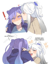 Rule 34 | !, +++, 2girls, blue scrunchie, blush, casual, closed eyes, closed mouth, collarbone, commentary, cone hair bun, cropped torso, english commentary, english text, facing another, genshin impact, hair bun, hair ornament, hair scrunchie, hand on another&#039;s shoulder, heart, highres, hinagi (fox priest), keqing (genshin impact), kiss, kissing cheek, long hair, multiple girls, ningguang (genshin impact), purple eyes, purple hair, scrunchie, smile, twintails, upper body, white background, white hair, yuri