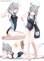 Rule 34 | 1girl, 1other, animal ear fluff, animal ears, bag, barefoot, black one-piece swimsuit, blue archive, blue eyes, breasts, chicke iii, commentary request, competition swimsuit, covered navel, cross hair ornament, extra ears, feet, grey hair, hair ornament, halo, highres, lotion, low ponytail, lying, medium breasts, medium hair, mismatched pupils, multicolored clothes, multicolored swimsuit, multiple views, on stomach, one-piece swimsuit, seiza, shiroko (blue archive), shiroko (swimsuit) (blue archive), simple background, sitting, soles, standing, sunscreen, swimsuit, toes, white background