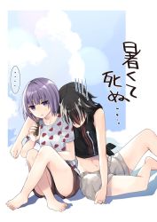 Rule 34 | ..., 2girls, arm around shoulder, bare shoulders, black hair, black shirt, blouse, blue sky, brown shorts, casual, cloud, contemporary, day, grey horns, head down, highres, horns, kijin seija, leaning on person, mimoto (aszxdfcv), multicolored hair, multiple girls, navel, purple eyes, purple hair, ramune, red hair, shirt, short hair, short sleeves, shorts, sitting, sky, sleeveless, spoken ellipsis, streaked hair, sukuna shinmyoumaru, sweat, tied shirt, touhou, translation request, white hair, white shirt