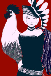 Rule 34 | 1girl, absurdres, belt, bird, chicken, expressionless, frills, hat, highres, kondou totetsu, limited palette, looking at viewer, mole, mole on cheek, original, red background, rooster, self hug, short hair, straight-on