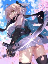 Rule 34 | 1girl, absurdres, ahoge, ass, bad id, bad pixiv id, bare shoulders, black thighhighs, blue sky, breasts, cherry blossoms, cloud, day, falling petals, fate/grand order, fate (series), hair ribbon, half updo, highres, holding, holding sheath, holding sword, holding weapon, japanese clothes, kimono, large breasts, naruse (0819), obi, okita souji (fate), okita souji (koha-ace), parted lips, petals, reverse grip, ribbon, sash, scarf, sheath, shirt, short hair, short kimono, sky, sleeveless, sleeveless shirt, standing, sword, thighhighs, thighs, weapon, white kimono, yellow eyes