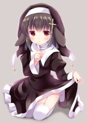 Rule 34 | 1girl, black hair, blush, clothes lift, commentary request, cross hair ornament, dress, dress lift, finger to mouth, full body, garter straps, grey background, habit, hair ornament, irori, lifted by self, mole, mole under eye, nun, original, red eyes, shushing, simple background, solo, thighhighs, white thighhighs