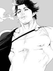 Rule 34 | 1boy, bara, black clover, capelet, cigarette, covered erect nipples, facial hair, goatee, greyscale, large pectorals, long sideburns, looking to the side, mabataki, pectoral cleavage, male focus, mature male, monochrome, muscular, muscular male, pectorals, short hair, sideburns, single bare shoulder, smoking, solo, stubble, tank top, upper body, white tank top, yami sukehiro