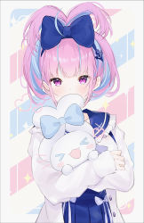 Rule 34 | &gt; &lt;, 1girl, :3, absurdres, ahoge, alternate hairstyle, anchor hair ornament, blue bow, blue dress, blue hair, blunt bangs, borrowed hairstyle, bow, cardigan, cinnamiku hairstyle, cinnamoroll, covered mouth, creature, crossover, drawn whiskers, dress, ear bow, hair bow, hair ornament, haru (re ilust), heart, highres, holding, holding creature, hololive, long hair, long sleeves, looking at viewer, minato aqua, minato aqua (sailor), multicolored hair, open cardigan, open clothes, open mouth, outside border, pink hair, purple eyes, rounded corners, sanrio, sidelocks, sleeves past fingers, sleeves past wrists, streaked hair, striped, striped background, tied ears, two-tone hair, updo, upper body, virtual youtuber, vocaloid, white cardigan