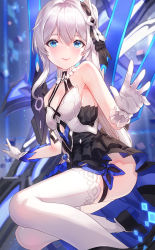 Rule 34 | 1girl, blue eyes, blurry, blurry background, blush, breasts, gloves, hair between eyes, hair ornament, highres, honkai (series), honkai impact 3rd, kfr, low ponytail, sidelocks, silver hair, small breasts, smile, solo, theresa apocalypse, theresa apocalypse (twilight paladin), thighhighs, white gloves, white thighhighs
