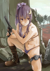 Rule 34 | 1girl, alternate hairstyle, bad id, bad pixiv id, battlefield, bikini, boots, bra, cameltoe, crescent, crescent hair ornament, day, gun, hair ornament, handgun, highres, long hair, looking to the side, military, muchi maro, navel, out of character, panties, patchouli knowledge, ponytail, purple eyes, purple hair, revolver, solo, stomach, swimsuit, thong, touhou, underwear, underwear only, weapon