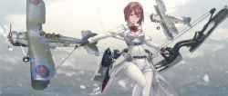 Rule 34 | 1girl, aircraft, airplane, ark royal (kancolle), arrow (projectile), belt, biplane, blue eyes, bow, bow (weapon), bowtie, breasts, brown hair, cleavage cutout, clothing cutout, cowboy shot, fairey swordfish, hairband, jacket, kantai collection, leotard, light smile, long sleeves, looking at viewer, machinery, medium breasts, pantyhose, parted lips, red bow, red bowtie, rokuwata tomoe, short hair, solo, standing, waist cape, weapon, white jacket, white leotard, white pantyhose