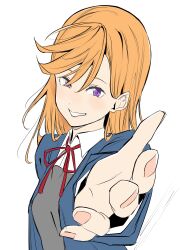 Rule 34 | 1girl, absurdres, blue jacket, blush, collared shirt, commentary request, dress, grey dress, highres, jacket, looking at viewer, love live!, love live! superstar!!, medium hair, neck ribbon, open clothes, open jacket, orange hair, purple eyes, reaching, reaching towards viewer, red ribbon, ribbon, school uniform, shibuya kanon, shirt, smile, solo, tommer, upper body, white background, white shirt, winter uniform, yuigaoka school uniform