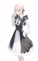 Rule 34 | 1girl, alternate costume, artoria pendragon (all), artoria pendragon (fate), black dress, black ribbon, blonde hair, braid, braided bun, closed mouth, commentary, corset, dress, expressionless, fate/grand order, fate (series), fov ps, french braid, frilled dress, frilled sleeves, frills, hair bun, hair ribbon, highres, long sleeves, looking at viewer, neck ribbon, pale skin, puffy long sleeves, puffy sleeves, ribbon, saber alter, short hair, simple background, solo, two-tone dress, white background, white dress, yellow eyes
