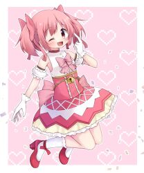 1girl gloves highres kaname_madoka looking_at_viewer mahou_shoujo_madoka_magica mahou_shoujo_madoka_magica:_walpurgis_no_kaiten moyataso one_eye_closed open_mouth pink_eyes pink_hair short_twintails solo twintails white_gloves