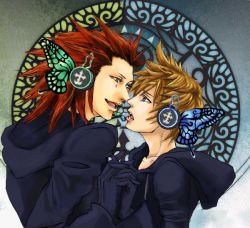 Rule 34 | 2boys, axel, black gloves, blonde hair, blue eyes, bug, butterfly, crossover, gloves, headset, imminent kiss, bug, kingdom hearts, male focus, multiple boys, red hair, roxas, vocaloid, wings, yaoi