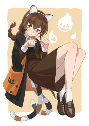 Rule 34 | 1girl, animal ears, black jacket, braid, brown footwear, brown hair, brown skirt, cat ears, cat tail, full body, hair between eyes, highres, jacket, kantai collection, long hair, long sleeves, multiple tails, open clothes, open jacket, open mouth, orange eyes, pleated skirt, porupurucha, shoes, single braid, skirt, socks, solo, souya (kancolle), tail, two tails, white socks