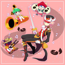 Rule 34 | 1girl, 3boys, ^ ^, ascot, bad id, bad pixiv id, black pants, blue hair, blush stickers, boots, chain, chiyo (no3baki), closed eyes, commentary request, conductor, double neck guitar, drum, drumsticks, duel monster, earrings, eighth note, closed eyes, fake horns, floating, flower, full body, gloves, green hair, guitar, hair between eyes, hat, holding, holding drumsticks, holding instrument, holding sword, holding weapon, horned headwear, horns, instrument, jewelry, knee boots, logo, maestroke the symphony djinn, melomelody the brass djinn, multiple boys, musical note, muzurhythm the string djinn, open mouth, pants, pink background, pink eyes, pink hair, pointy ears, rose, shako cap, short hair, sword, temtempo the percussion djinn, trumpet, weapon, white gloves, yellow eyes, yu-gi-oh!