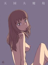 Rule 34 | 1girl, arm at side, arm support, artist name, blunt bangs, blush, breasts, brown hair, closed mouth, commentary, completely nude, copyright name, expressionless, eyelashes, film grain, from side, green eyes, hair over shoulder, highres, kikumaru bunta, kiruko (tengoku daimakyou), knees up, long hair, looking at viewer, looking to the side, medium breasts, nipples, nose blush, nude, purple background, scar, signature, simple background, sitting, solo, tengoku daimakyou, thick eyebrows, translated, upper body