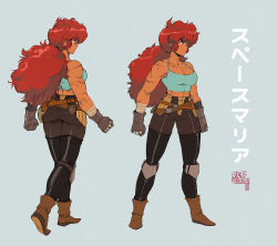 Rule 34 | 1girl, blue tank top, boots, breasts, cleavage, commentary, copyright name, crop top, dated, david liu, english commentary, full body, gloves, grey background, highres, long hair, maria (space maria), medium breasts, multiple views, pants, ponytail, red hair, scar, scar on arm, scar on chest, scar on stomach, signature, simple background, space maria, tank top