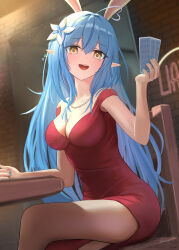 1girl ahoge alternate_costume animal_ears bare_shoulders blue_hair blue_nails breasts card chair cleavage collarbone cosplay crossed_legs cupcake_(liar&#039;s_bar) cupcake_(liar&#039;s_bar)_(cosplay) dress elf fake_animal_ears gradient_hair heart heart_ahoge highres holding holding_card hololive indoors liar&#039;s_bar multicolored_hair off-shoulder_dress off_shoulder pink_hair pointy_ears rabbit_ears red_dress sitting solo table torjun_111 trading_card two-tone_hair virtual_youtuber yukihana_lamy