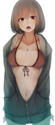 Rule 34 | 1girl, bad anatomy, bikini, black ribbon, breasts, breasts apart, brown eyes, brown hair, cleavage, collarbone, cowboy shot, drawstring, eyelashes, eyes visible through hair, front-tie bikini top, front-tie top, hair between eyes, hands in pockets, highres, jacket, jewelry, large breasts, legs apart, long sleeves, looking at viewer, medium breasts, navel, necklace, open clothes, open jacket, open mouth, original, partially unzipped, red bikini, rerrere, ribbon, short hair, side-tie bikini bottom, simple background, solo, swimsuit, tongue, underboob, unzipped, white background, zipper