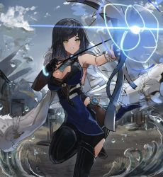 Rule 34 | 1girl, :d, archery, bare shoulders, black hair, black thighhighs, blue dress, blue hair, bow (weapon), bracelet, breasts, cleavage, clothing cutout, cloud, coat, commentary, diagonal bangs, dice, dress, earrings, elbow gloves, fur trim, gem, genshin impact, gloves, glowing, green eyes, highres, holding, holding bow (weapon), holding weapon, jewelry, light particles, medium breasts, medium hair, mole, mole on breast, off shoulder, open mouth, outdoors, outstretched arm, single elbow glove, sky, sleeveless, sleeveless dress, smile, solo, sparkle, standing, standing on one leg, tassel, teeth, the olphy, thighhighs, village, water, weapon, white coat, yelan (genshin impact)