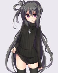 Rule 34 | 1girl, :p, amano kouki, black sweater, black thighhighs, clothes lift, cowboy shot, cross, grey hair, hair between eyes, highres, inverted cross, jewelry, long hair, long sleeves, looking at viewer, necklace, note-chan, original, purple eyes, ribbed sweater, simple background, sketch, smile, solo, sweater, sweater lift, thighhighs, tongue, tongue out, very long hair, zettai ryouiki