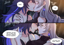Rule 34 | 2girls, 2koma, absurdres, after kiss, alternate costume, bare shoulders, blue eyes, blue hair, breasts, bronya rand, cleavage, collarbone, comic, commentary, couple, earrings, english commentary, english text, grey hair, hand on another&#039;s shoulder, highres, honkai: star rail, honkai (series), hug, jewelry, jhorliearts, kiss, large breasts, long hair, looking at another, moaning, multiple girls, nail polish, no eyes, saliva, saliva trail, seele (honkai: star rail), speech bubble, staring, twitter username, yuri