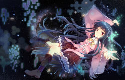 Rule 34 | 1girl, album cover, bad id, bad pixiv id, black hair, boots, bow, cover, darkness, floral print, houraisan kaguya, knee boots, long hair, long sleeves, looking at viewer, outstretched arm, outstretched hand, red eyes, shirt, skirt, solo, touhou, very long hair, wide sleeves, yezhi na