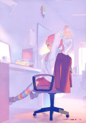 Rule 34 | 1girl, absurdres, artist name, book, chair, clock, closed eyes, closed mouth, computer, cup, enkyo yuuichirou, from side, glasses, hands up, highres, jacket, laptop, long sleeves, miniskirt, mug, multicolored clothes, multicolored legwear, office chair, page number, pastry box, pencil skirt, pink hair, red-framed eyewear, red jacket, red skirt, rokusaki coney, shirt, short hair, sitting, skirt, smile, solo, stretching, striped clothes, striped thighhighs, swivel chair, thighhighs, tokyo 7th sisters, twintails, unworn jacket, wall clock, white shirt, whiteboard
