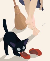 Rule 34 | 1girl, absurdres, barefoot, black cat, blue dress, broom, cat, dress, feet, feet only, foot focus, highres, jiji (majo no takkyuubin), kiki (majo no takkyuubin), leaning forward, lower body, majo no takkyuubin, menthako, red footwear, shadow, shoes, unworn shoes, simple background, soles, standing, standing on one leg, tan background, toes, water drop, wet, wet clothes