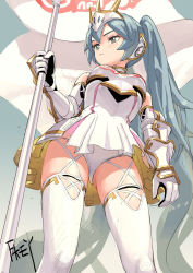 Rule 34 | 1girl, armor, armored dress, blue hair, boobplate, breastplate, closed mouth, dress, fkey, from below, gauntlets, gloves, green eyes, hatsune miku, highres, holding, holding polearm, holding weapon, knight, long hair, panties, pantyshot, polearm, racing miku, short dress, signature, solo, standing, thighhighs, twintails, underwear, upskirt, very long hair, visor (armor), vocaloid, weapon, white dress, white gloves, white panties, white thighhighs