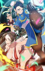 Rule 34 | 2girls, black hair, boots, bracelet, breasts, brown eyes, brown hair, capcom, chun-li, crossover, earrings, fighting stance, fire, hand fan, highres, japanese clothes, jewelry, kicking, kimono, koda1ra, large breasts, multiple girls, pantyhose, ponytail, shiranui mai, snk, spiked bracelet, spikes, street fighter, the king of fighters, thick thighs, thighs, underwear