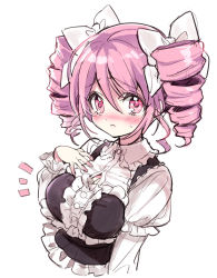 Rule 34 | 1girl, alternate costume, blush, bow, breasts, closed mouth, drill hair, enmaided, eyebrows hidden by hair, hair bow, hair ornament, highres, jashin-chan dropkick, large breasts, looking at viewer, maid, official art, pink eyes, pink hair, pino (jashin-chan dropkick), short hair, simple background, solo, sweat, twin drills, upper body, white background, yukiwo