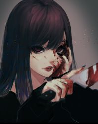 Rule 34 | 1girl, black nails, black shirt, blood, blood on face, bloody knife, brown hair, close-up, fingernails, grey background, hand on own face, highres, holding, holding knife, knife, long fingernails, looking at viewer, nail polish, original, rakugaki suruhito, red eyes, red lips, shirt, solo, thick lips