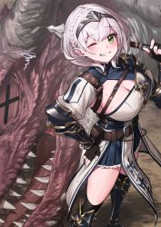 Rule 34 | 1girl, ;), absurdres, armor, belt, black hairband, blue skirt, blush, boobplate, braid, breastplate, breasts, brown belt, chest harness, commentary request, fingerless gloves, gloves, green eyes, grin, hairband, harness, highres, holding, holding weapon, hololive, large breasts, leg armor, looking at viewer, medium hair, mole, mole on breast, nemoto yuuma, one eye closed, over shoulder, pleated skirt, shirogane noel, shirogane noel (1st costume), shirt, simple background, skirt, smile, solo, standing, virtual youtuber, weapon, weapon over shoulder, white shirt, x x