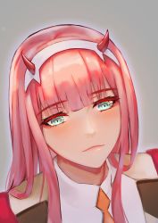 Rule 34 | 10s, 1girl, aqua eyes, commentary request, darling in the franxx, eyelashes, hairband, highres, horns, orange neckwear, pink hair, solo, straight hair, uniform, white hairband, you ni ge shaobing, zero two (darling in the franxx)