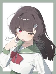 1girl alternate_hair_length alternate_hairstyle blunt_bangs blunt_ends blush border bow bowtie brown_hair closed_mouth commentary_request eyelid_pull green_border green_sailor_collar highres long_hair long_sleeves looking_at_viewer mizusaki_nakono one_eye_closed outside_border puff_of_air red_bow red_bowtie red_eyes sailor_collar school_uniform serafuku shirt simple_background solo tongue tongue_out touhoku_kiritan twitter_username upper_body voiceroid watermark white_background white_shirt