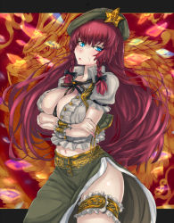 Rule 34 | 1girl, blue eyes, braid, breasts, chinese clothes, cleavage, dragon, eastern dragon, female focus, hat, hong meiling, long hair, navel, panzer (p.z), puffy sleeves, red hair, short sleeves, solo, star (symbol), touhou, twin braids