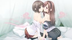 Rule 34 | 2girls, ass, bare shoulders, bed, black legwear, breast press, breasts, brown hair, clothes pull, from behind, glasses, green eyes, hairband, hands together, highres, ichikawa noa, jpeg artifacts, kneeling, long hair, looking at viewer, looking back, multiple girls, no bra, original, pillow, plaid, plaid skirt, red eyes, school uniform, seiza, shirt pull, silver hair, sitting, skirt, thighhighs, translation request, wallpaper, yuri
