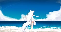 Rule 34 | 1girl, absurdres, ahoge, animal ears, bare arms, bare shoulders, barefoot, blue sky, cloud, commentary request, day, dress, facing viewer, fox ears, fox girl, fox tail, from behind, highres, horizon, kuronagi (mitora uwu), long hair, ocean, original, outdoors, outstretched arms, panties, running, sky, solo, tail, underwear, very long hair, water, white dress, white hair, white panties