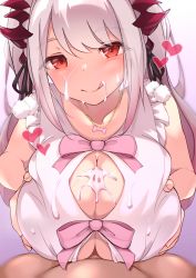 Rule 34 | 1boy, 1girl, nanashi inc., :q, bare shoulders, black ribbon, blush, bow, breasts squeezed together, breasts, cartoon bone, cleavage, collarbone, cum, cum on body, cum on breasts, cum on clothes, cum on upper body, demon girl, demon horns, dress, facial, frills, hair ornament, hair ribbon, heart, hetero, honey strap, horns, huge breasts, jewelry, licking lips, light blush, long hair, looking at viewer, multicolored hair, naughty face, necklace, paizuri, paizuri under clothes, penis, pink bow, pink hair, pom pom (clothes), pom pom hair ornament, pov, red eyes, ribbon, silver hair, sleeveless, sleeveless dress, smile, solo focus, streaked hair, suou patra, tongue, tongue out, virtual youtuber, white dress, yaminokisan
