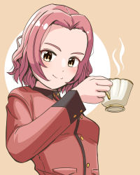 Rule 34 | 1girl, brown eyes, cafe dachscafe, closed mouth, commentary, girls und panzer, highres, jacket, long sleeves, looking at viewer, medium hair, military, military uniform, orange background, red hair, red jacket, rosehip (girls und panzer), smile, solo, st. gloriana&#039;s military uniform, uniform