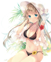 Rule 34 | 1girl, bare shoulders, bikini, black bikini, blue eyes, blush, bow, breasts, cleavage, closed mouth, collarbone, commentary, english commentary, fingernails, flower, groin, hands up, hat, hat bow, jacket, light brown hair, long hair, medium breasts, multi-strapped bikini, navel, off shoulder, open clothes, open jacket, original, red flower, short sleeves, sitting, smile, solo, suihi, sunflower, swimsuit, very long hair, white background, white bow, white hat, white jacket, wide sleeves, yellow flower