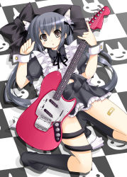 Rule 34 | 00s, 1girl, alternate costume, animal ears, bad id, bad pixiv id, bandaid, black hair, brown eyes, cat ears, cat tail, dress, electric guitar, enmaided, guitar, instrument, k-on!, lying, maid, mustang (guitar), nakano azusa, ooji cha, solo, tail, twintails, wrist cuffs