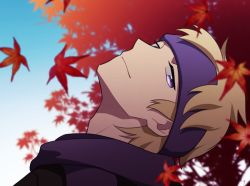 Rule 34 | 1boy, autumn leaves, black sweater, blonde hair, closed mouth, commentary request, creatures (company), from side, game freak, gym leader, head back, headband, looking at viewer, male focus, morty (pokemon), nintendo, pokemon, pokemon hgss, purple eyes, purple headband, purple scarf, scarf, short hair, smile, solo, sweater, y (036 yng)