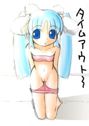 Rule 34 | 1girl, barefoot, blue eyes, blue hair, blush, bow, bra, breasts, cleft of venus, collarbone, futafusa hitosuji, hair bow, kneeling, long hair, looking at viewer, navel, open mouth, panties, panty pull, pink bra, pink panties, pussy, sana (kerarino), small breasts, twintails, underwear, undressing, white background, white bow