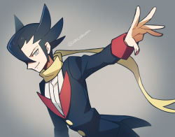 Rule 34 | 1boy, artist name, black hair, black jacket, black pants, buttons, closed mouth, commentary request, creatures (company), elite four, floating scarf, game freak, grey eyes, grimsley (pokemon), jacket, long sleeves, male focus, momoji (lobolobo2010), nintendo, pants, pokemon, pokemon bw, scarf, shirt, smile, solo, spiked hair, spread fingers, white shirt, yellow scarf