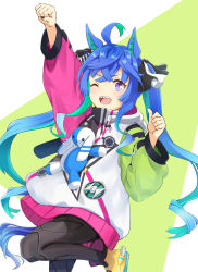 Rule 34 | 1girl, ;d, @ @, ahoge, animal ears, arm up, blue hair, clenched hand, heterochromia, highres, horse ears, horse girl, kuon kimi, leg up, long hair, long sleeves, looking at viewer, messy hair, multicolored hair, one eye closed, open mouth, purple eyes, sharp teeth, shoes, sidelocks, smile, sneakers, solo, standing, standing on one leg, teeth, twin turbo (umamusume), twintails, umamusume, yellow footwear