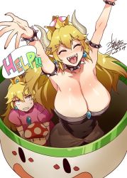 Rule 34 | !, !!, 2girls, ^ ^, armpits, arms up, blonde hair, blue eyes, blush, bowsette, bracelet, breasts, cleavage, closed eyes, crown, english text, fangs, forked eyebrows, half-closed eyes, happy, horns, huge breasts, jewelry, long hair, mario (series), mizuryu kei, multiple girls, mushroom, new super mario bros. u deluxe, nintendo, open mouth, pointy ears, ponytail, princess, princess peach, sharp teeth, shoulder spikes, simple background, smile, spiked bracelet, spikes, standing, super crown, teeth, text focus, white background
