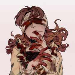 Rule 34 | 1girl, animification, black shirt, blood, blood on clothes, blood on hands, brown dress, brown hair, collarbone, dead by daylight, die (kurosb), dress, facing viewer, frilled shirt, frills, grey background, head tilt, highres, long hair, parted lips, shirt, solo, the nurse (dead by daylight)