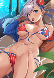 Rule 34 | 1girl, absurdres, american flag bikini, american flag print, asymmetrical hair, bare shoulders, bikini, blue eyes, blush, breasts, bun cover, candy, cleavage, collarbone, fate/grand order, fate (series), flag print, food, hair bun, hair ribbon, highres, knee up, large breasts, lollipop, long hair, looking at viewer, lying, miyamoto musashi (fate), miyamoto musashi (fate/grand order), miyamoto musashi (swimsuit berserker) (fate), miyamoto musashi (swimsuit berserker) (second ascension) (fate), navel, on back, open mouth, pink hair, poolside, print bikini, ribbon, shrug (clothing), side bun, single hair bun, single side bun, suiroh (shideoukami), swept bangs, swimsuit, thighs, tongue, tongue out, water